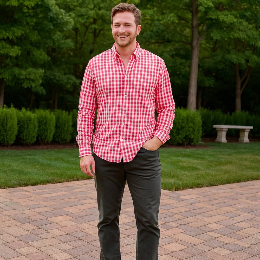 J Crew Red Woven Gingham Check Button Down Preppy Sport Long Sleeve Shirt Men XL